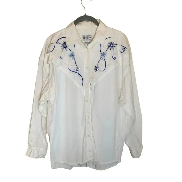 Vintage Embroidered Beaded Western Blouse Shirt Womens Size XL White Blue Button - Picture 6 of 6